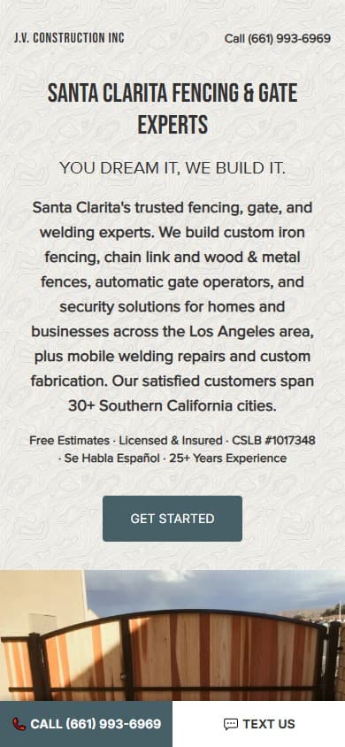 J.V. General Construction website on mobile