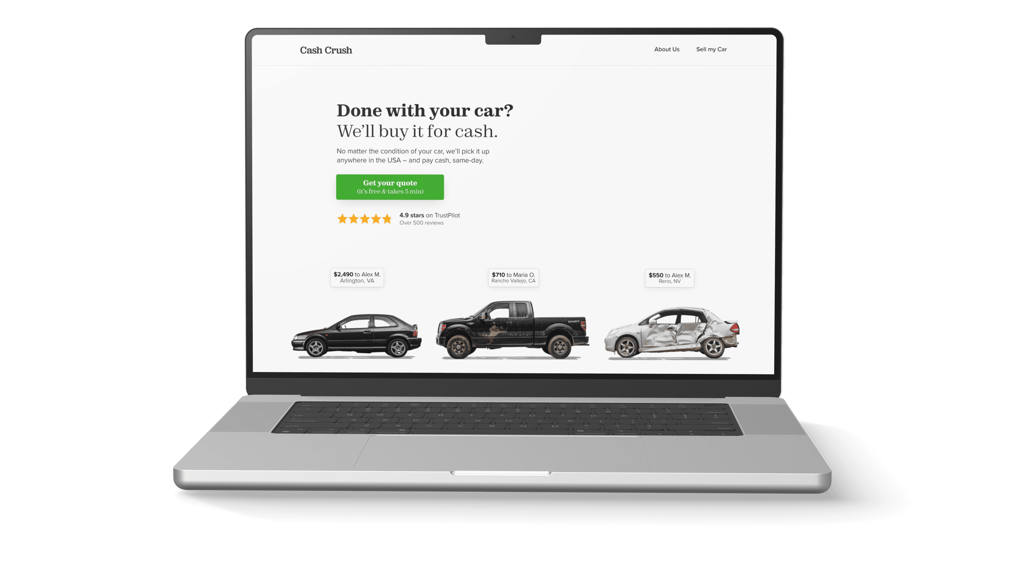 Cash Crush car-buying landing page shown on a laptop
