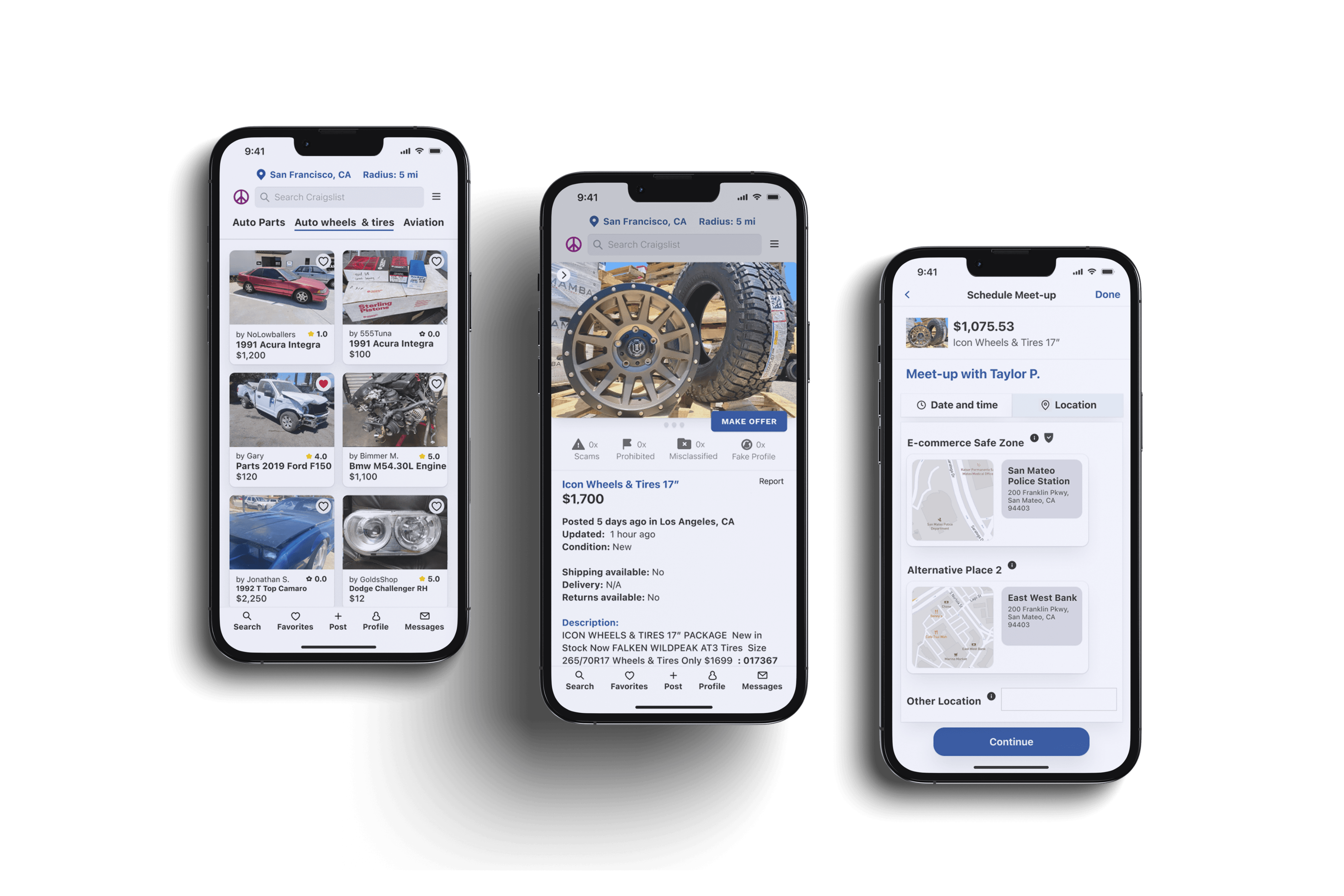 Craigslist mobile app redesign concept shown on three phones
