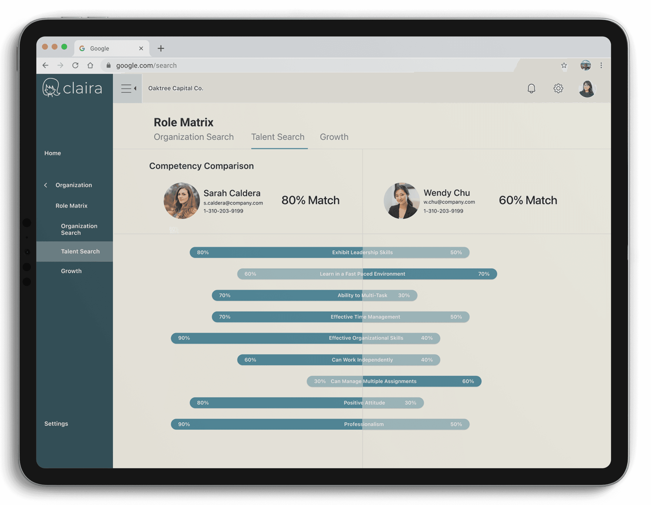 Claira talent dashboard shown on a tablet